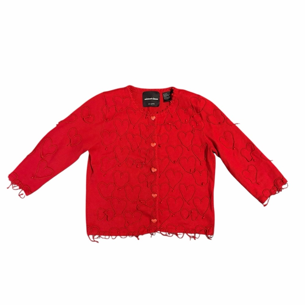 Michael Simon Vintage Sweater Hearts Beaded Valentine Wool Cotton Red Small